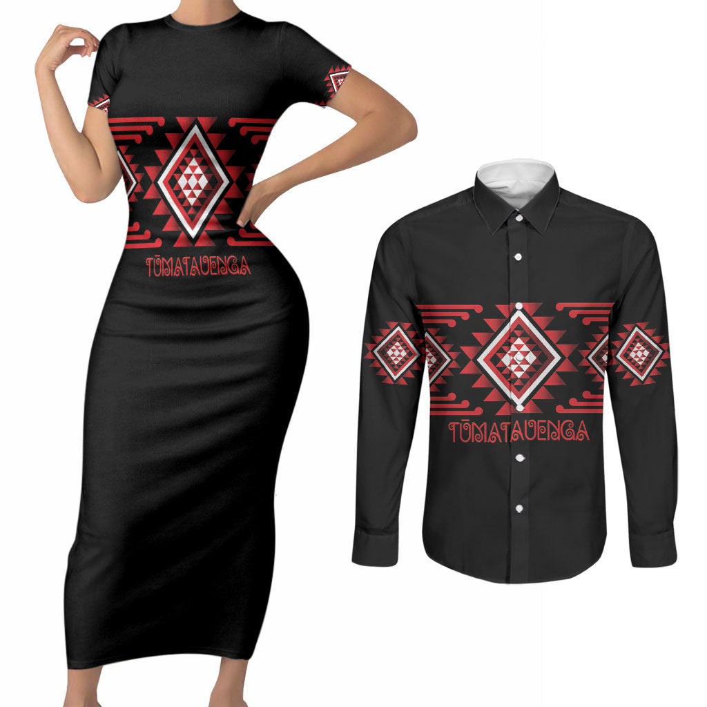 Aotearoa Atua Tumatauenga Personalised Couples Matching Short Sleeve Bodycon Dress and Long Sleeve Button Shirt Maori God Of War Taniko Motifs LT14 Red - Polynesian Pride