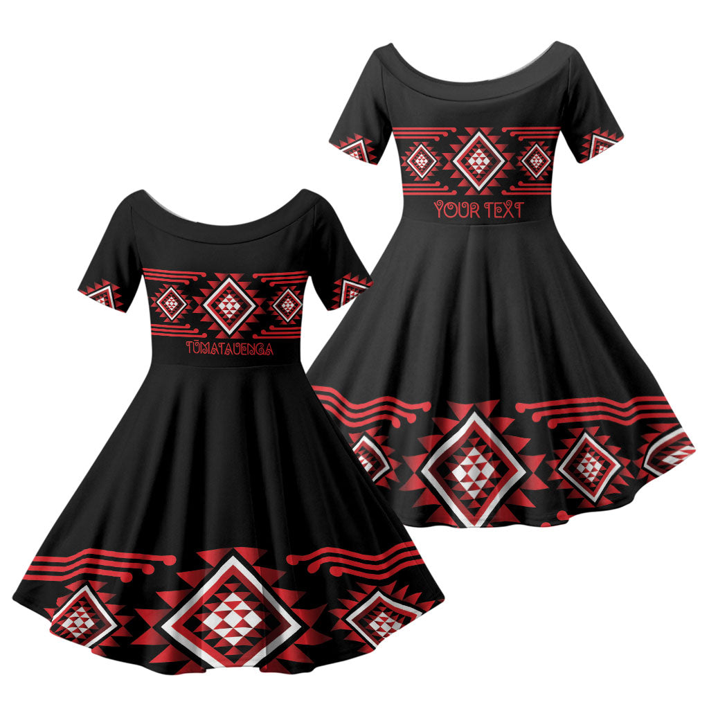 Aotearoa Atua Tumatauenga Personalised Family Matching Off The Shoulder Long Sleeve Dress and Hawaiian Shirt Maori God Of War Taniko Motifs LT14 Daughter's Dress Red - Polynesian Pride
