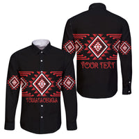 Aotearoa Atua Tumatauenga Personalised Family Matching Summer Maxi Dress and Hawaiian Shirt Maori God Of War Taniko Motifs LT14 Dad's Shirt - Long Sleeve Red - Polynesian Pride
