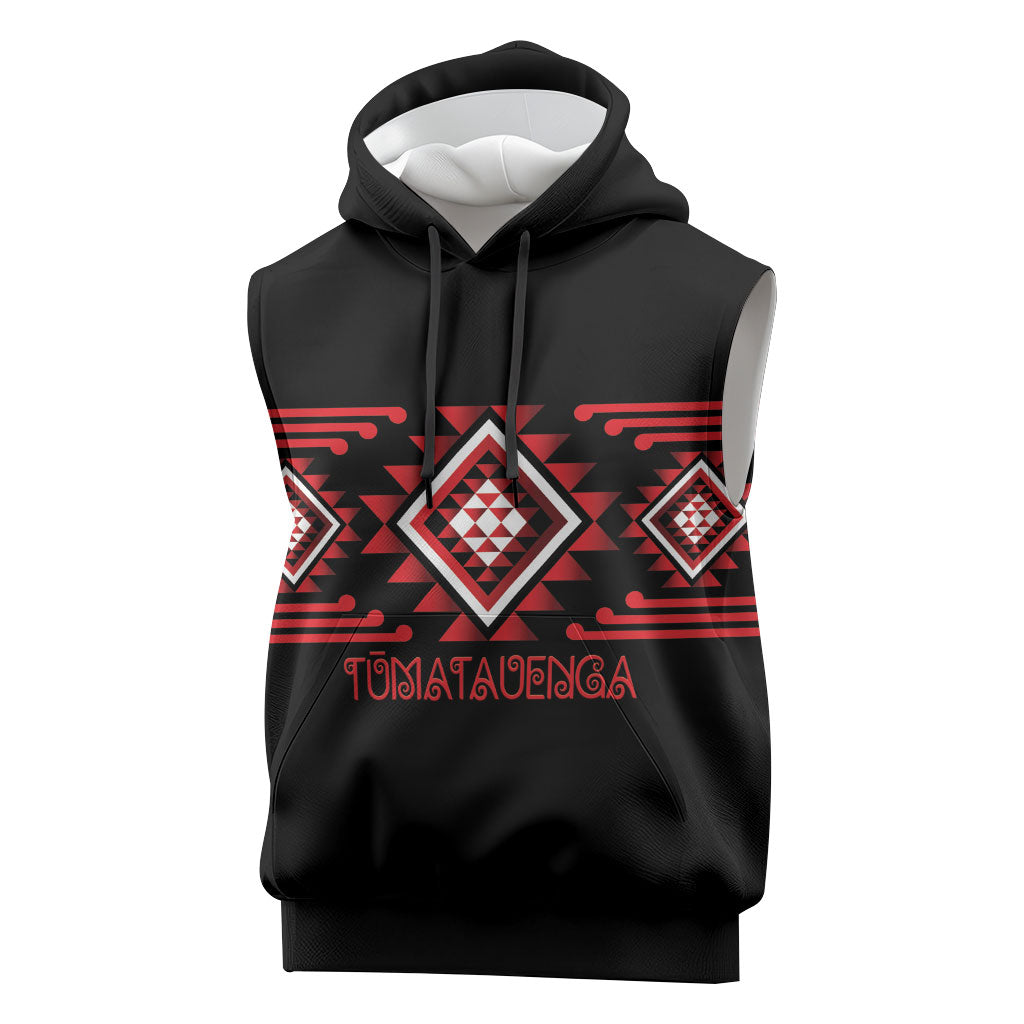 Aotearoa Atua Tumatauenga Personalised Sleeveless Hoodie Maori God Of War Taniko Motifs LT14 Red - Polynesian Pride