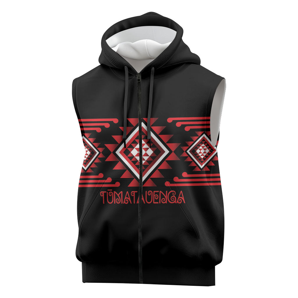 Aotearoa Atua Tumatauenga Personalised Sleeveless Zip Hoodie Maori God Of War Taniko Motifs LT14 Red - Polynesian Pride
