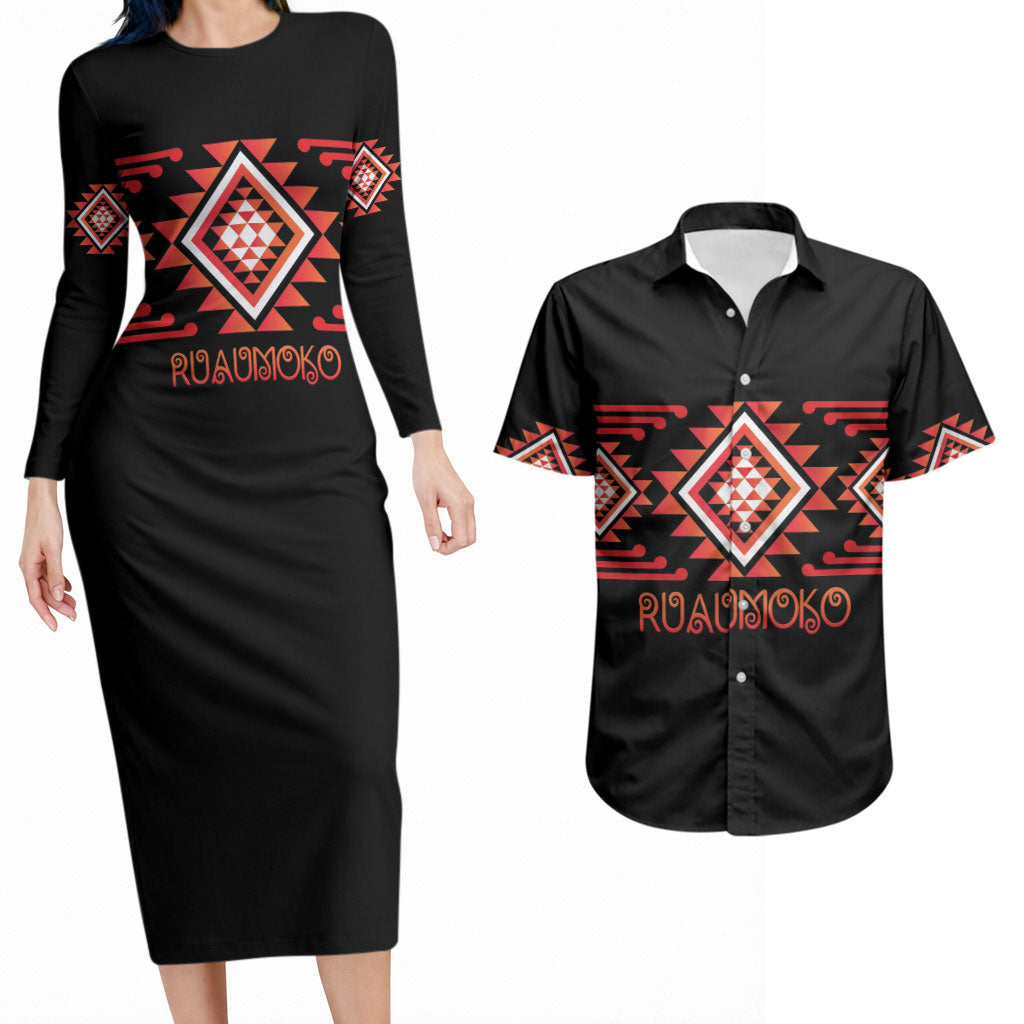 Aotearoa Atua Ruaumoko Personalised Couples Matching Long Sleeve Bodycon Dress and Hawaiian Shirt Maori Powerful God Taniko Motifs LT14 Orange - Polynesian Pride