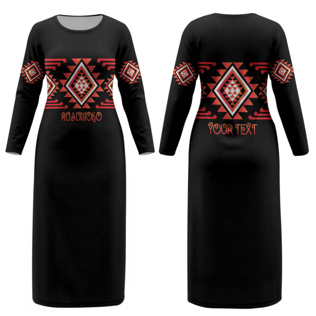 Aotearoa Atua Ruaumoko Personalised Couples Matching Long Sleeve Bodycon Dress and Long Sleeve Button Shirt Maori Powerful God Taniko Motifs LT14 - Polynesian Pride