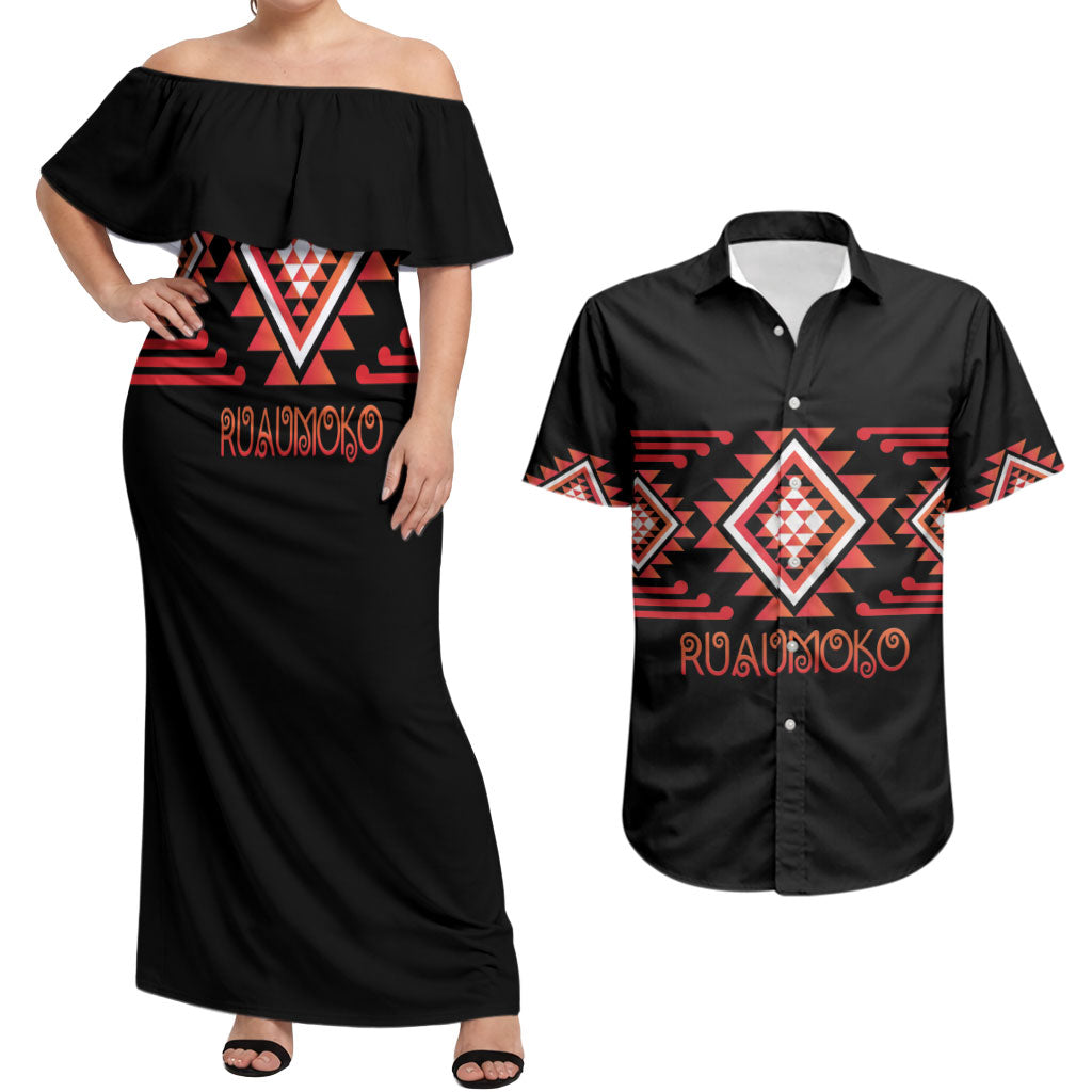 Aotearoa Atua Ruaumoko Personalised Couples Matching Off Shoulder Maxi Dress and Hawaiian Shirt Maori Powerful God Taniko Motifs LT14 Orange - Polynesian Pride