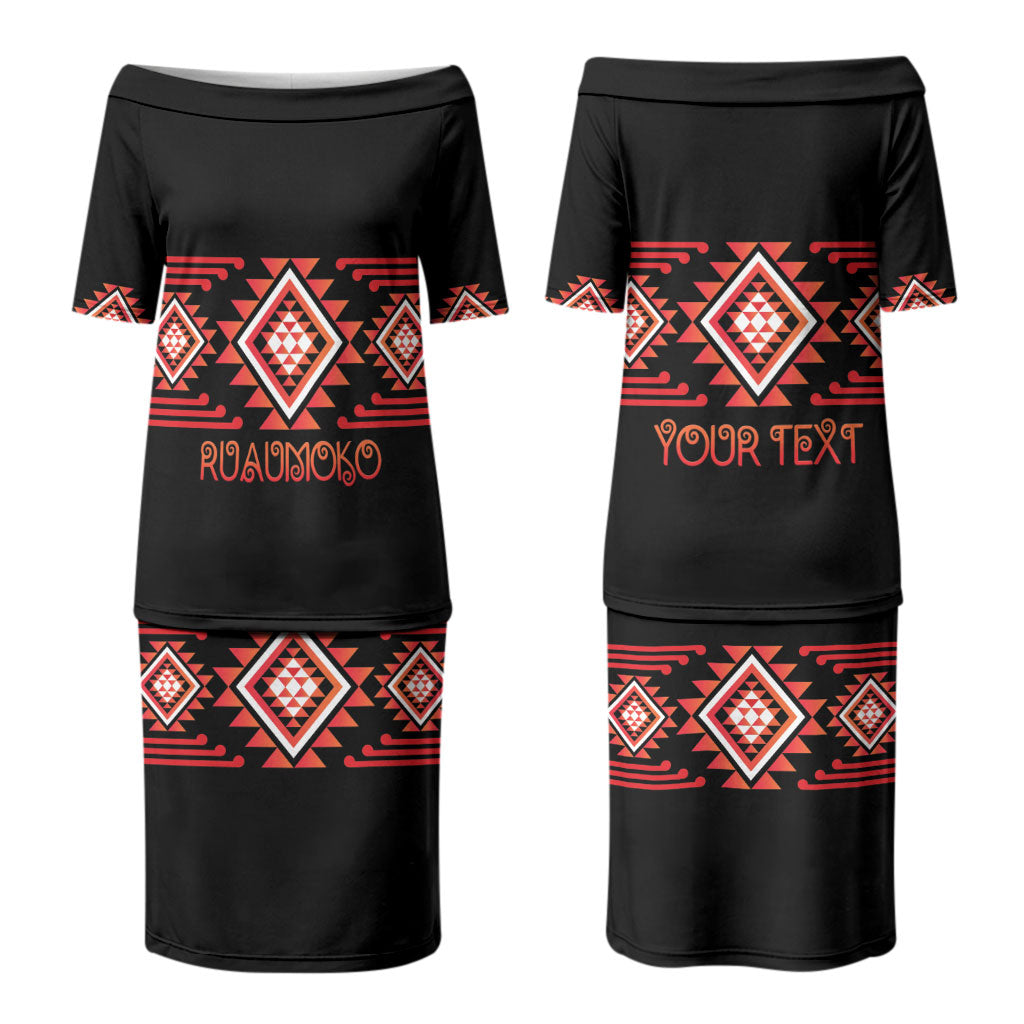 Aotearoa Atua Ruaumoko Personalised Couples Matching Puletasi and Long Sleeve Button Shirt Maori Powerful God Taniko Motifs LT14 - Polynesian Pride