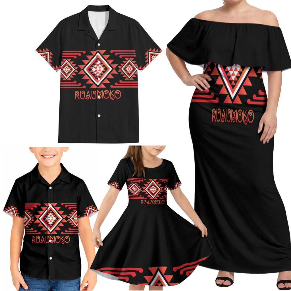 Aotearoa Atua Ruaumoko Personalised Family Matching Off Shoulder Maxi Dress and Hawaiian Shirt Maori Powerful God Taniko Motifs LT14 - Polynesian Pride
