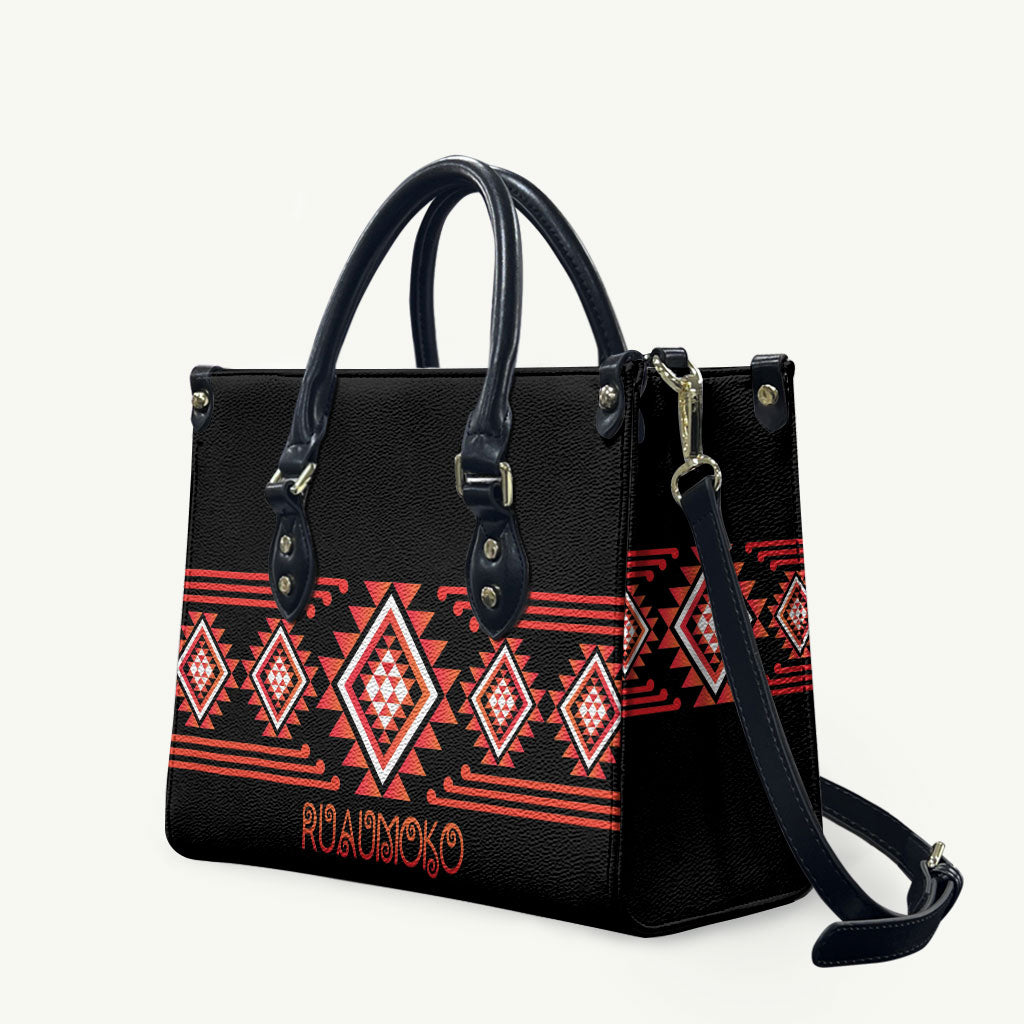 Aotearoa Atua Ruaumoko Leather Bag Maori Powerful God Taniko Motifs LT14 Orange - Polynesian Pride