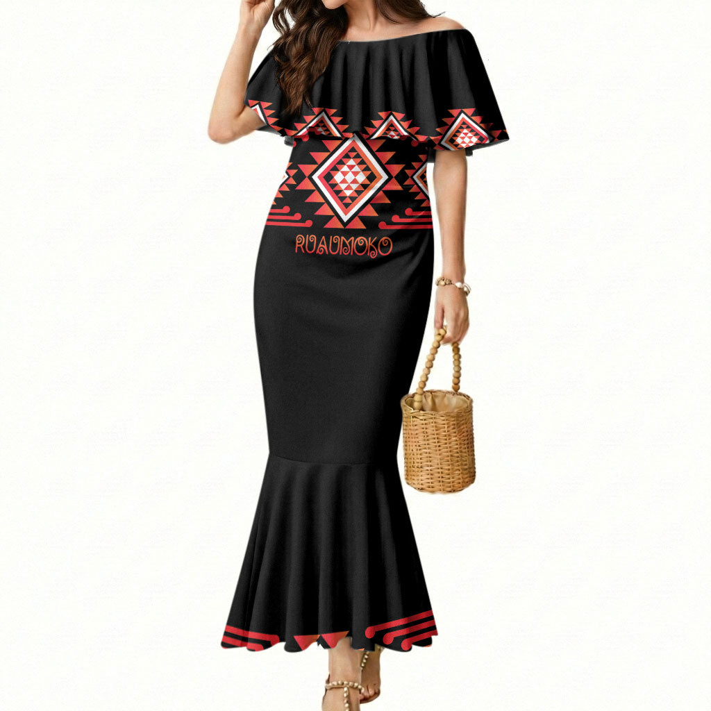 Aotearoa Atua Ruaumoko Personalised Mermaid Dress Maori Powerful God Taniko Motifs LT14 Women Orange - Polynesian Pride