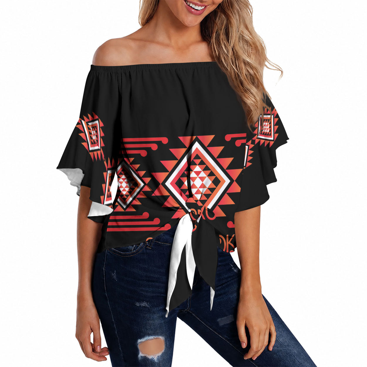Aotearoa Atua Ruaumoko Personalised Off Shoulder Wrap Waist Top Maori Powerful God Taniko Motifs LT14 Orange - Polynesian Pride