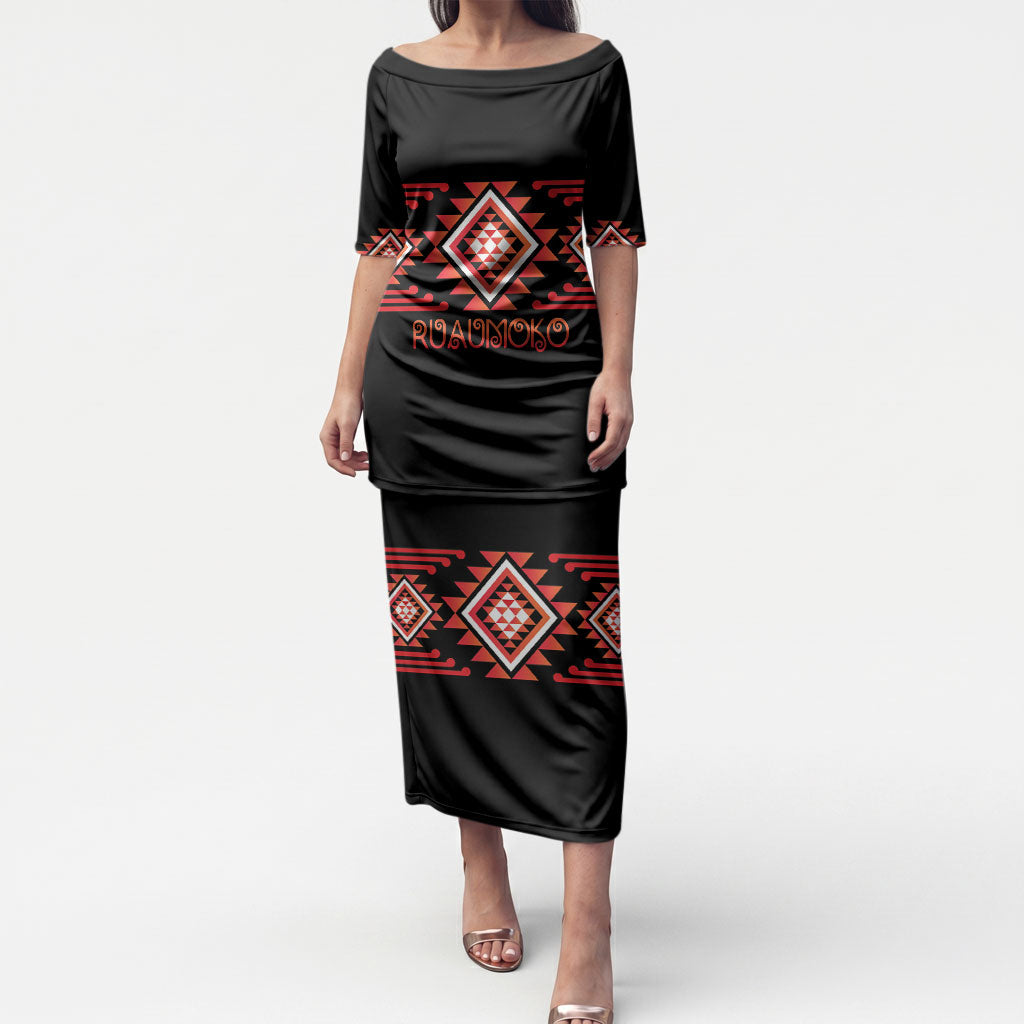 Aotearoa Atua Ruaumoko Personalised Puletasi Maori Powerful God Taniko Motifs LT14 Long Dress Orange - Polynesian Pride
