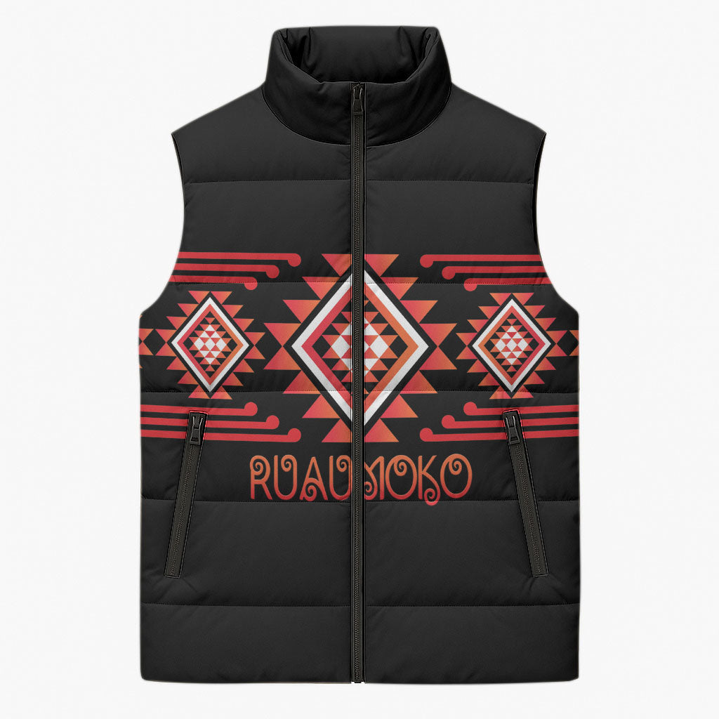 Aotearoa Atua Ruaumoko Personalised Sleeveless Puffer Jacket Maori Powerful God Taniko Motifs LT14 Unisex Orange - Polynesian Pride
