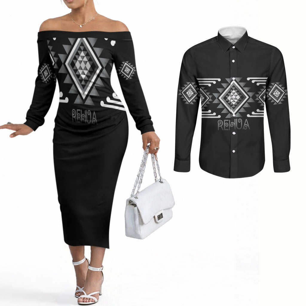 Aotearoa Atua Rehua Personalised Couples Matching Off The Shoulder Long Sleeve Dress and Long Sleeve Button Shirt Maori God Of Healing Taniko Motifs LT14 Grey - Polynesian Pride