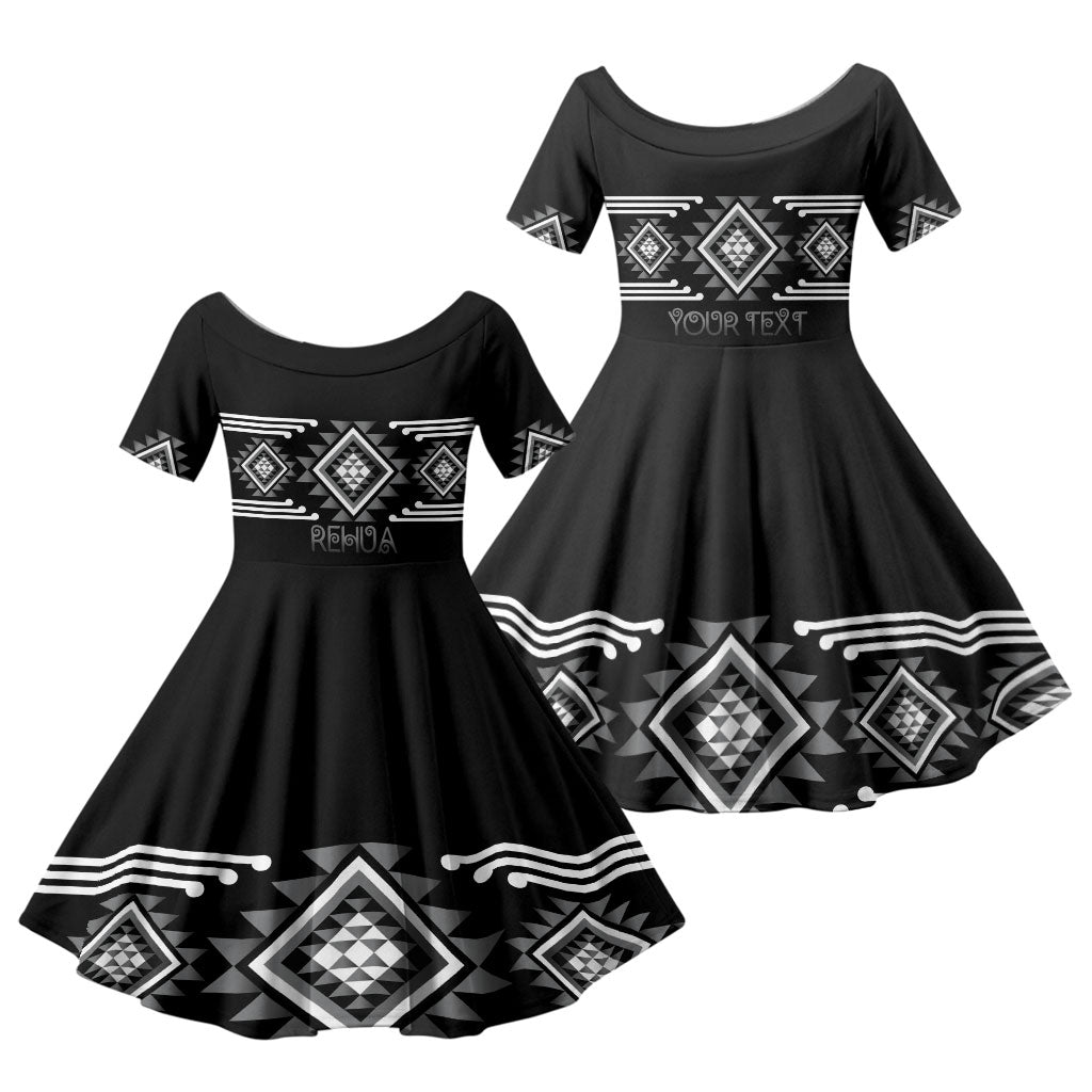 Aotearoa Atua Rehua Personalised Family Matching Short Sleeve Bodycon Dress and Hawaiian Shirt Maori God Of Healing Taniko Motifs LT14 Daughter's Dress Grey - Polynesian Pride