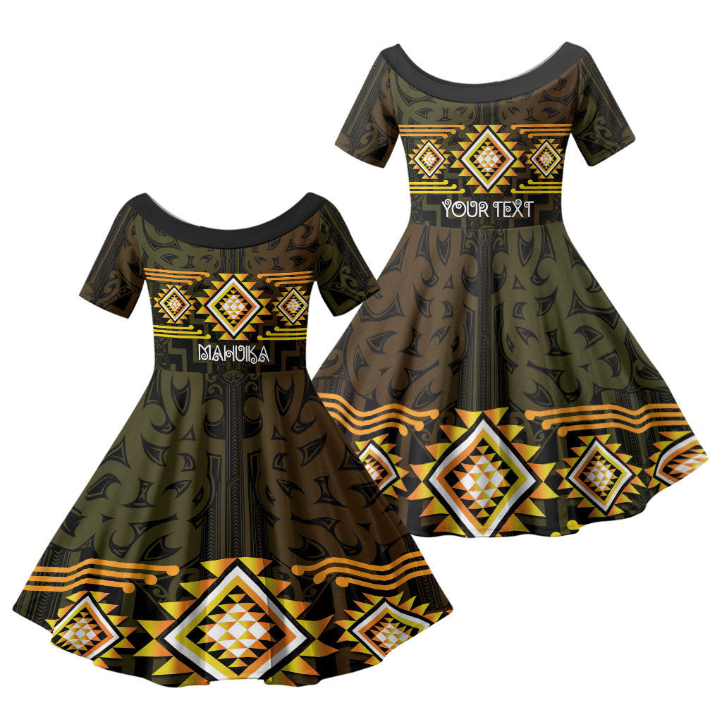 Aotearoa Atua Mahuika Personalised Family Matching Short Sleeve Bodycon Dress and Hawaiian Shirt Maori Goddess Of Fire Taniko Motifs LT14 Daughter's Dress Yellow - Polynesian Pride