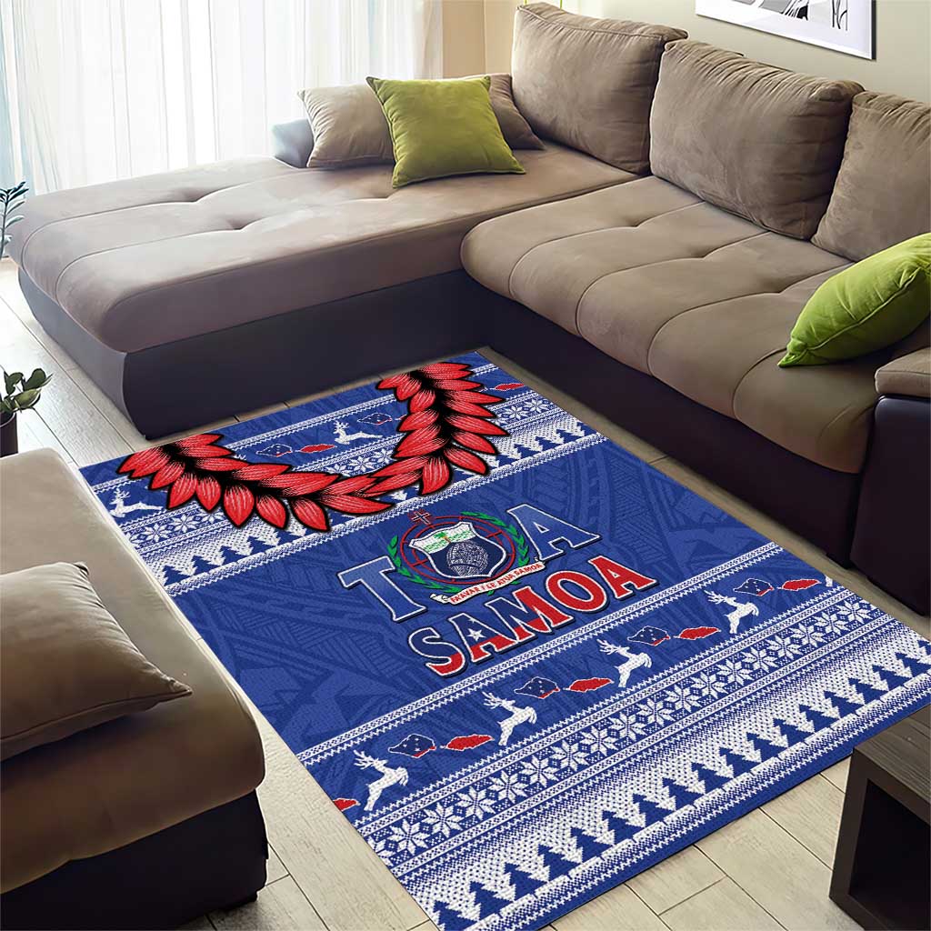 Toa Samoa Rugby Christmas Area Rug Ula Fala Samoan Pattern Blue - Polynesian Pride