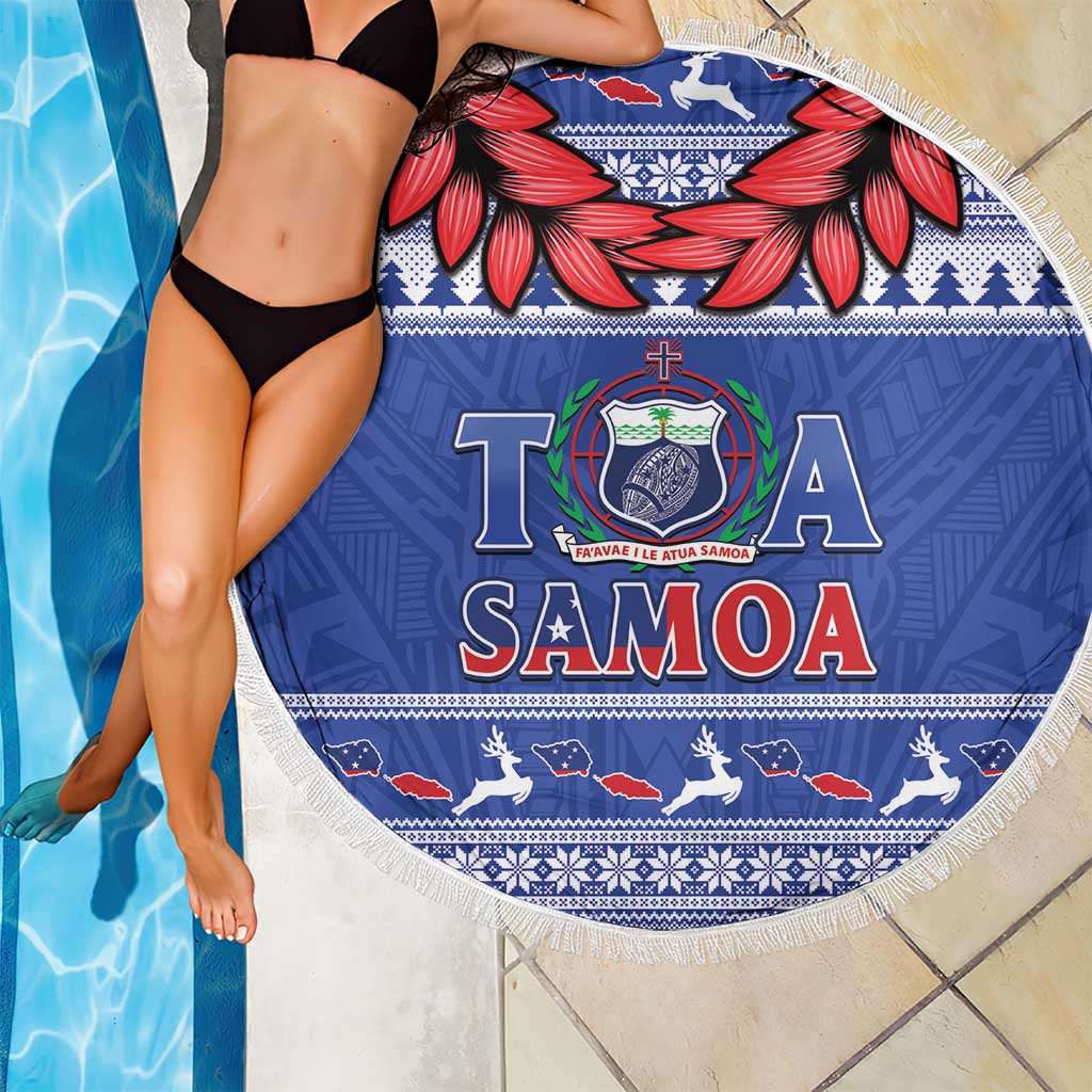 Toa Samoa Rugby Christmas Beach Blanket Ula Fala Samoan Pattern Blue - Polynesian Pride