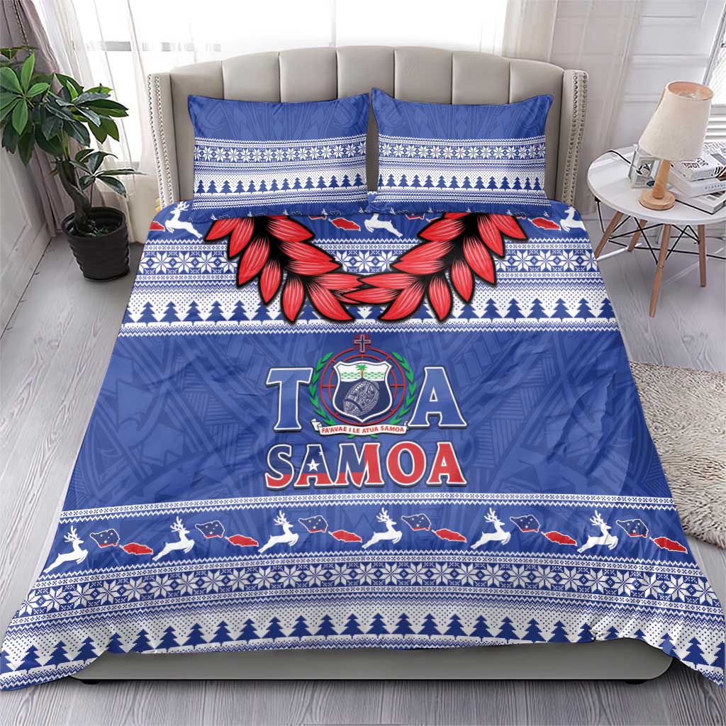 Toa Samoa Rugby Christmas Bedding Set Ula Fala Samoan Pattern Blue - Polynesian Pride
