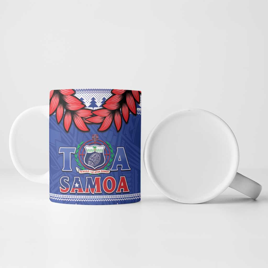 Toa Samoa Rugby Christmas Ceramic Mug Ula Fala Samoan Pattern Blue - Polynesian Pride