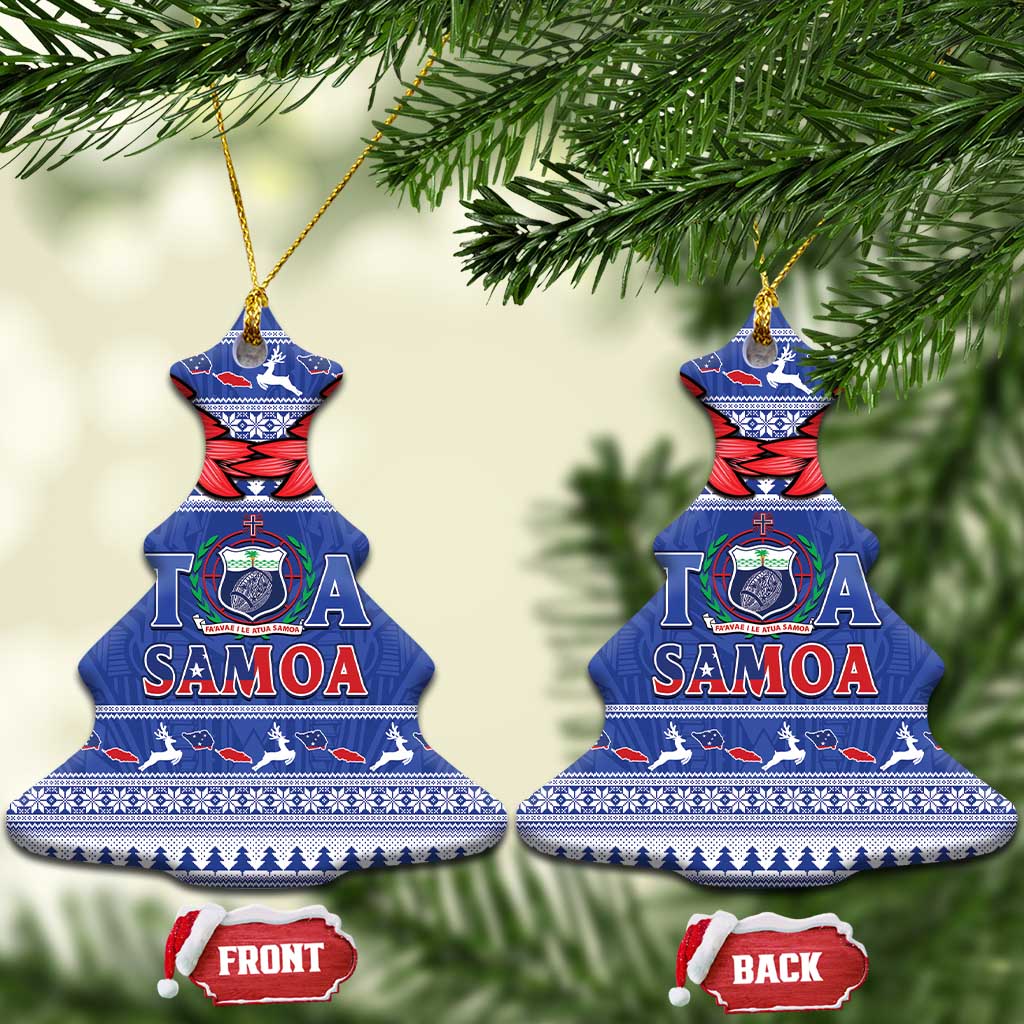 Toa Samoa Rugby Christmas Ceramic Ornament Ula Fala Samoan Pattern Blue - Polynesian Pride