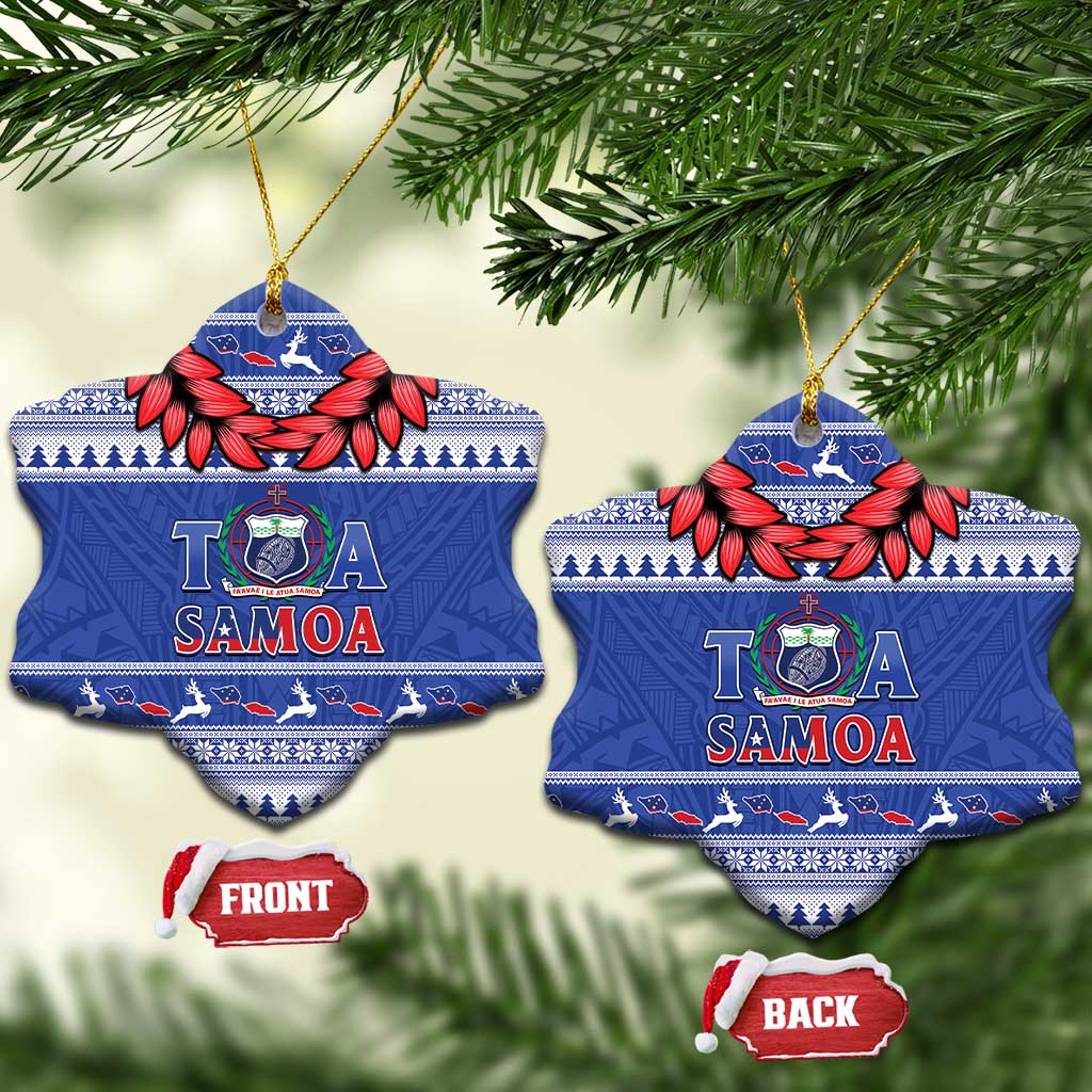 Toa Samoa Rugby Christmas Ceramic Ornament Ula Fala Samoan Pattern Blue - Polynesian Pride