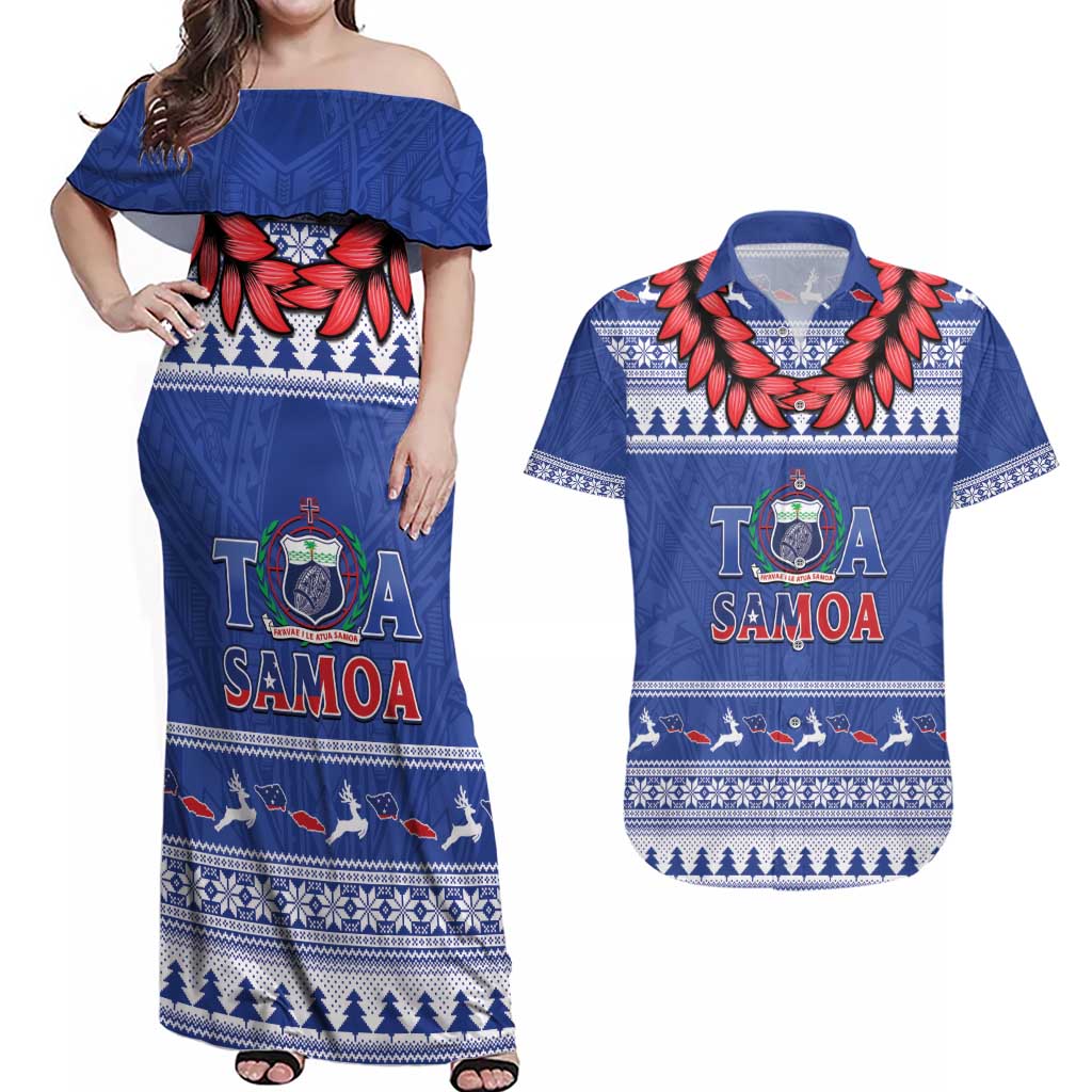 Personalised Toa Samoa Rugby Christmas Couples Matching Off Shoulder Maxi Dress and Hawaiian Shirt Ula Fala Samoan Pattern Blue - Polynesian Pride
