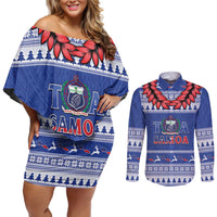Personalised Toa Samoa Rugby Christmas Couples Matching Off Shoulder Short Dress and Long Sleeve Button Shirt Ula Fala Samoan Pattern Blue - Polynesian Pride