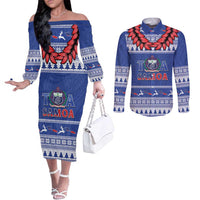 Personalised Toa Samoa Rugby Christmas Couples Matching Off The Shoulder Long Sleeve Dress and Long Sleeve Button Shirt Ula Fala Samoan Pattern Blue - Polynesian Pride
