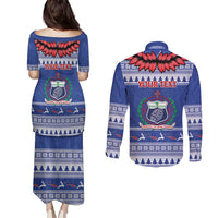 Personalised Toa Samoa Rugby Christmas Couples Matching Puletasi and Long Sleeve Button Shirt Ula Fala Samoan Pattern Blue - Polynesian Pride