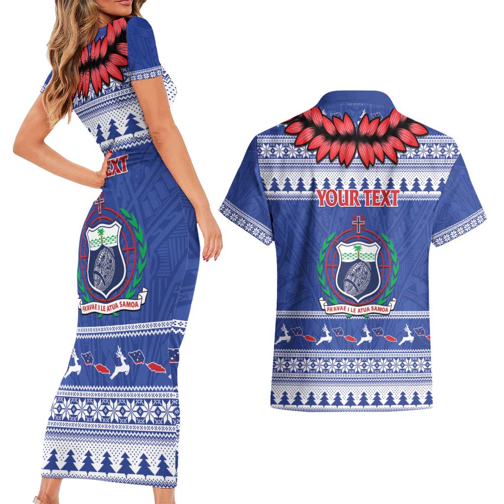 Personalised Toa Samoa Rugby Christmas Couples Matching Short Sleeve Bodycon Dress and Hawaiian Shirt Ula Fala Samoan Pattern Blue - Polynesian Pride