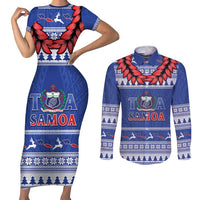 Personalised Toa Samoa Rugby Christmas Couples Matching Short Sleeve Bodycon Dress and Long Sleeve Button Shirt Ula Fala Samoan Pattern Blue - Polynesian Pride