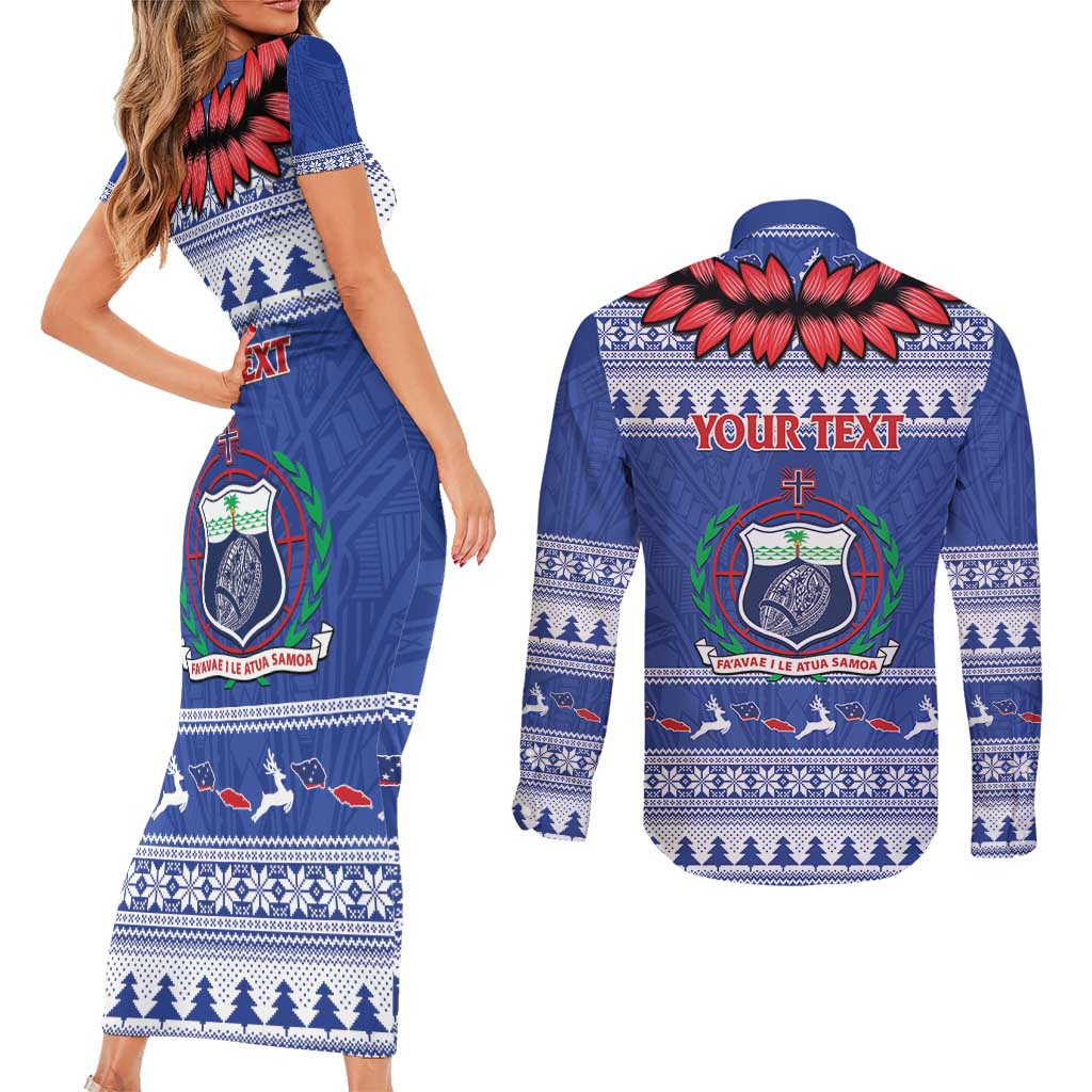 Personalised Toa Samoa Rugby Christmas Couples Matching Short Sleeve Bodycon Dress and Long Sleeve Button Shirt Ula Fala Samoan Pattern Blue - Polynesian Pride