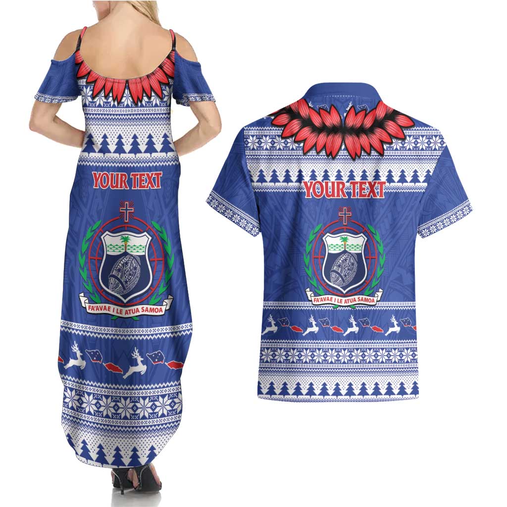Personalised Toa Samoa Rugby Christmas Couples Matching Summer Maxi Dress and Hawaiian Shirt Ula Fala Samoan Pattern Blue - Polynesian Pride
