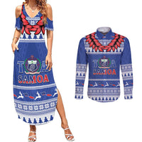 Personalised Toa Samoa Rugby Christmas Couples Matching Summer Maxi Dress and Long Sleeve Button Shirt Ula Fala Samoan Pattern Blue - Polynesian Pride