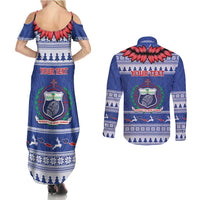 Personalised Toa Samoa Rugby Christmas Couples Matching Summer Maxi Dress and Long Sleeve Button Shirt Ula Fala Samoan Pattern Blue - Polynesian Pride