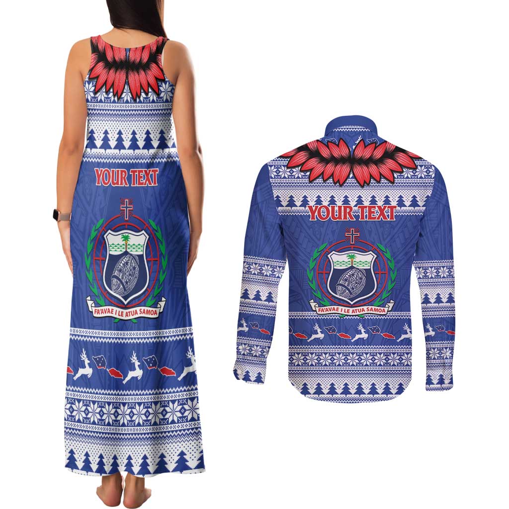 Personalised Toa Samoa Rugby Christmas Couples Matching Tank Maxi Dress and Long Sleeve Button Shirt Ula Fala Samoan Pattern Blue - Polynesian Pride