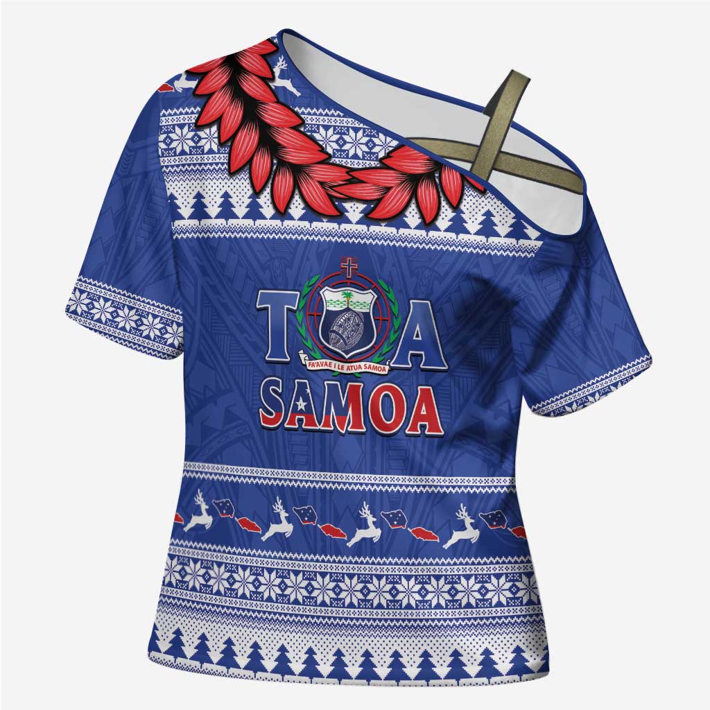 Personalised Toa Samoa Rugby Christmas Cross Shoulder Shirt Ula Fala Samoan Pattern Blue - Polynesian Pride