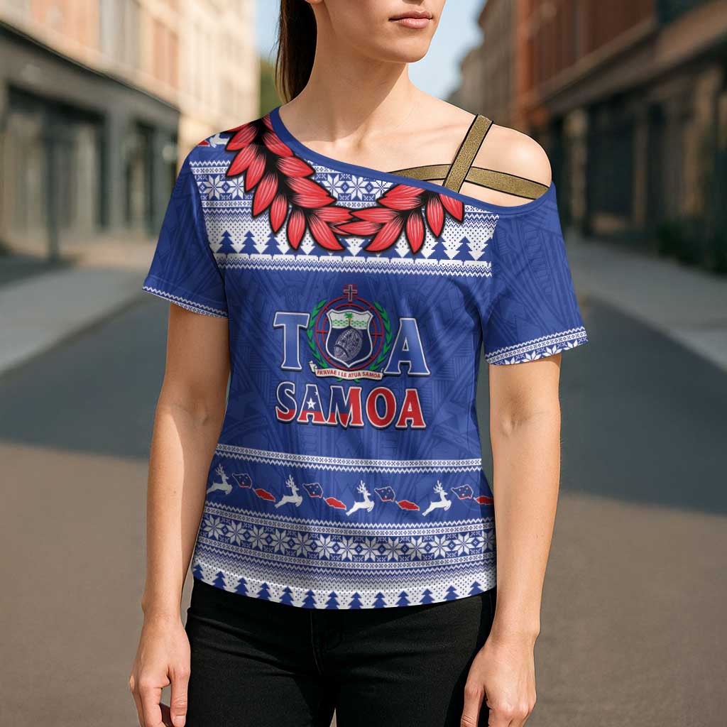 Personalised Toa Samoa Rugby Christmas Cross Shoulder Shirt Ula Fala Samoan Pattern Blue - Polynesian Pride