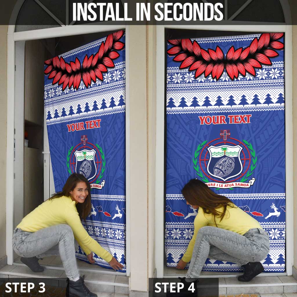 Personalised Toa Samoa Rugby Christmas Door Cover Ula Fala Samoan Pattern Blue - Polynesian Pride