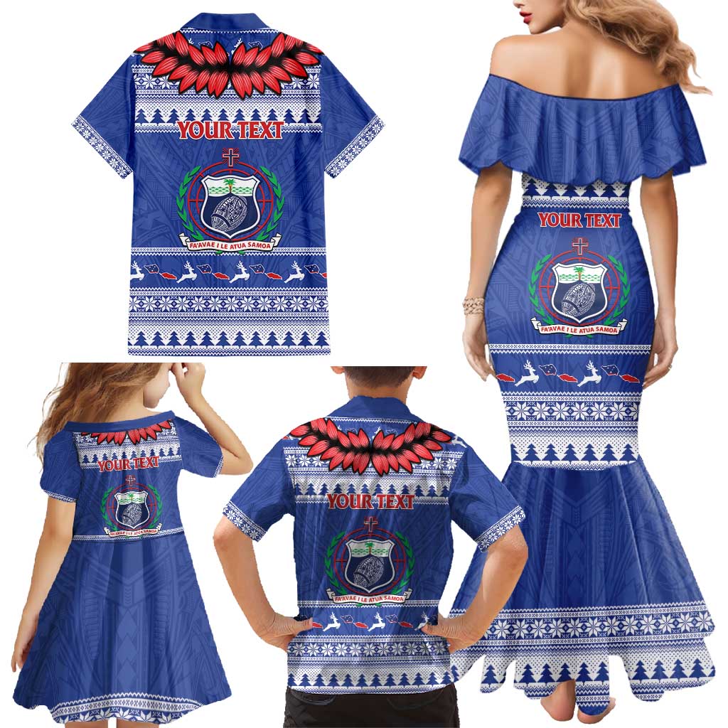 Personalised Toa Samoa Rugby Christmas Family Matching Mermaid Dress and Hawaiian Shirt Ula Fala Samoan Pattern Blue - Polynesian Pride