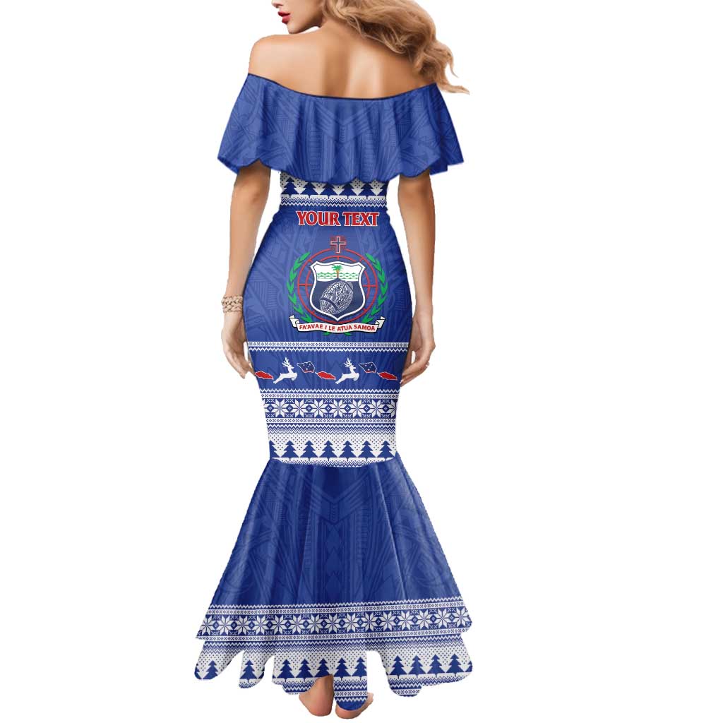 Personalised Toa Samoa Rugby Christmas Family Matching Mermaid Dress and Hawaiian Shirt Ula Fala Samoan Pattern Blue - Polynesian Pride