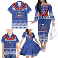 Personalised Toa Samoa Rugby Christmas Family Matching Off The Shoulder Long Sleeve Dress and Hawaiian Shirt Ula Fala Samoan Pattern Blue - Polynesian Pride