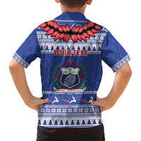 Personalised Toa Samoa Rugby Christmas Family Matching Off Shoulder Short Dress and Hawaiian Shirt Ula Fala Samoan Pattern Blue - Polynesian Pride
