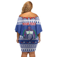Personalised Toa Samoa Rugby Christmas Family Matching Off Shoulder Short Dress and Hawaiian Shirt Ula Fala Samoan Pattern Blue - Polynesian Pride