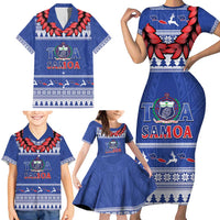 Personalised Toa Samoa Rugby Christmas Family Matching Short Sleeve Bodycon Dress and Hawaiian Shirt Ula Fala Samoan Pattern Blue - Polynesian Pride