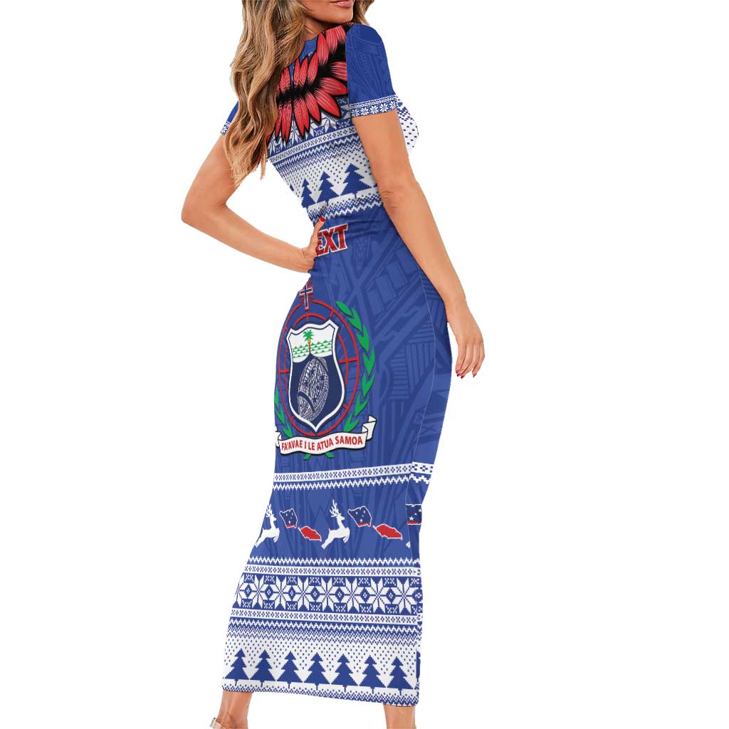Personalised Toa Samoa Rugby Christmas Family Matching Short Sleeve Bodycon Dress and Hawaiian Shirt Ula Fala Samoan Pattern Blue - Polynesian Pride