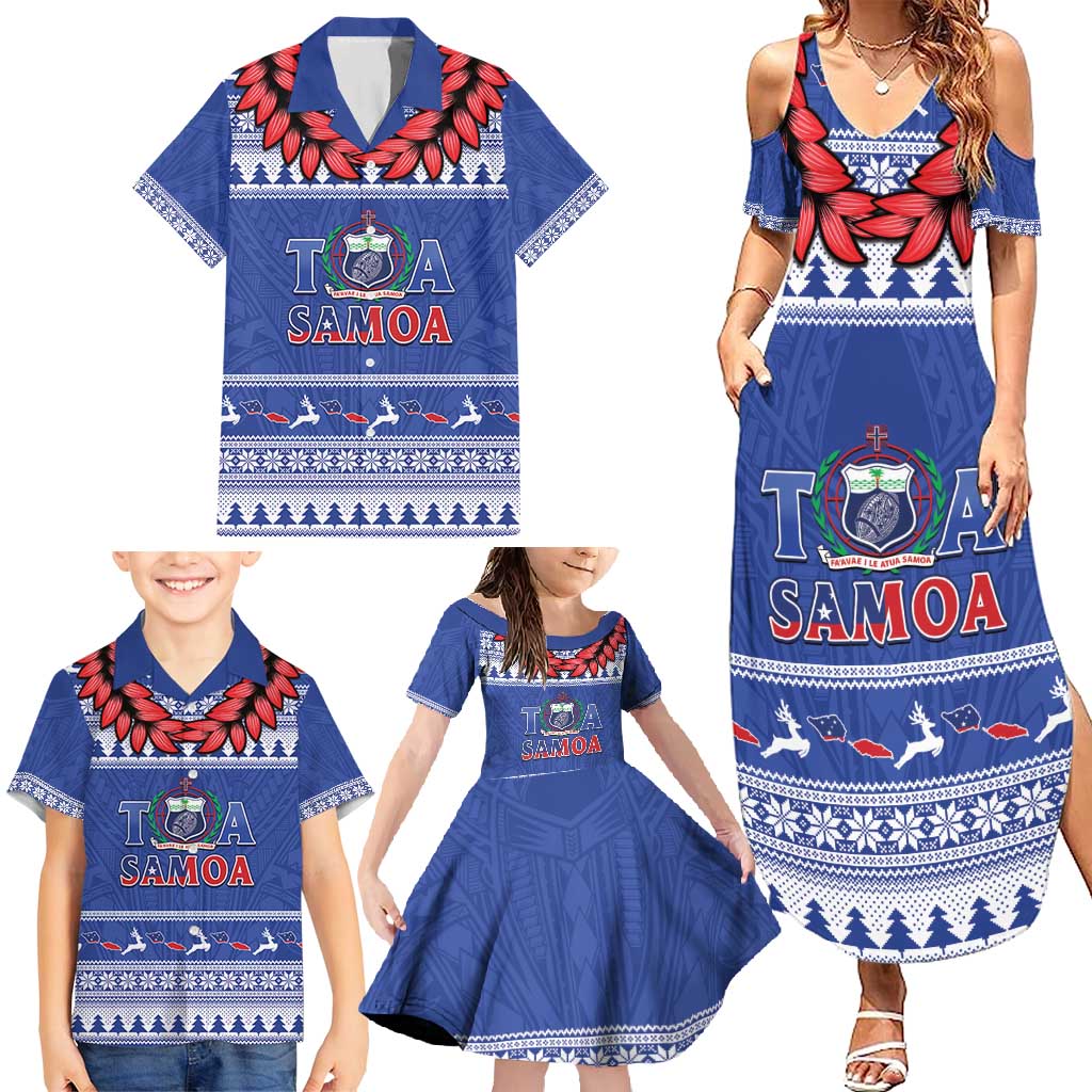 Personalised Toa Samoa Rugby Christmas Family Matching Summer Maxi Dress and Hawaiian Shirt Ula Fala Samoan Pattern Blue - Polynesian Pride