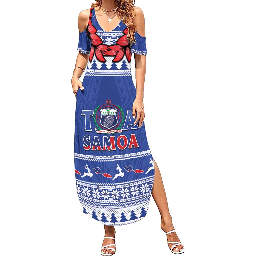 Personalised Toa Samoa Rugby Christmas Family Matching Summer Maxi Dress and Hawaiian Shirt Ula Fala Samoan Pattern Blue - Polynesian Pride
