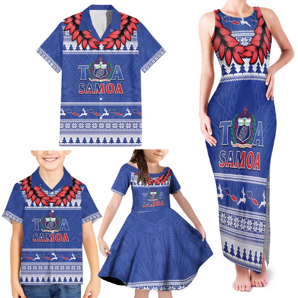 Personalised Toa Samoa Rugby Christmas Family Matching Tank Maxi Dress and Hawaiian Shirt Ula Fala Samoan Pattern Blue - Polynesian Pride