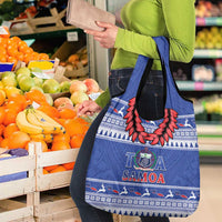 Toa Samoa Rugby Christmas Grocery Bag Ula Fala Samoan Pattern Blue - Polynesian Pride