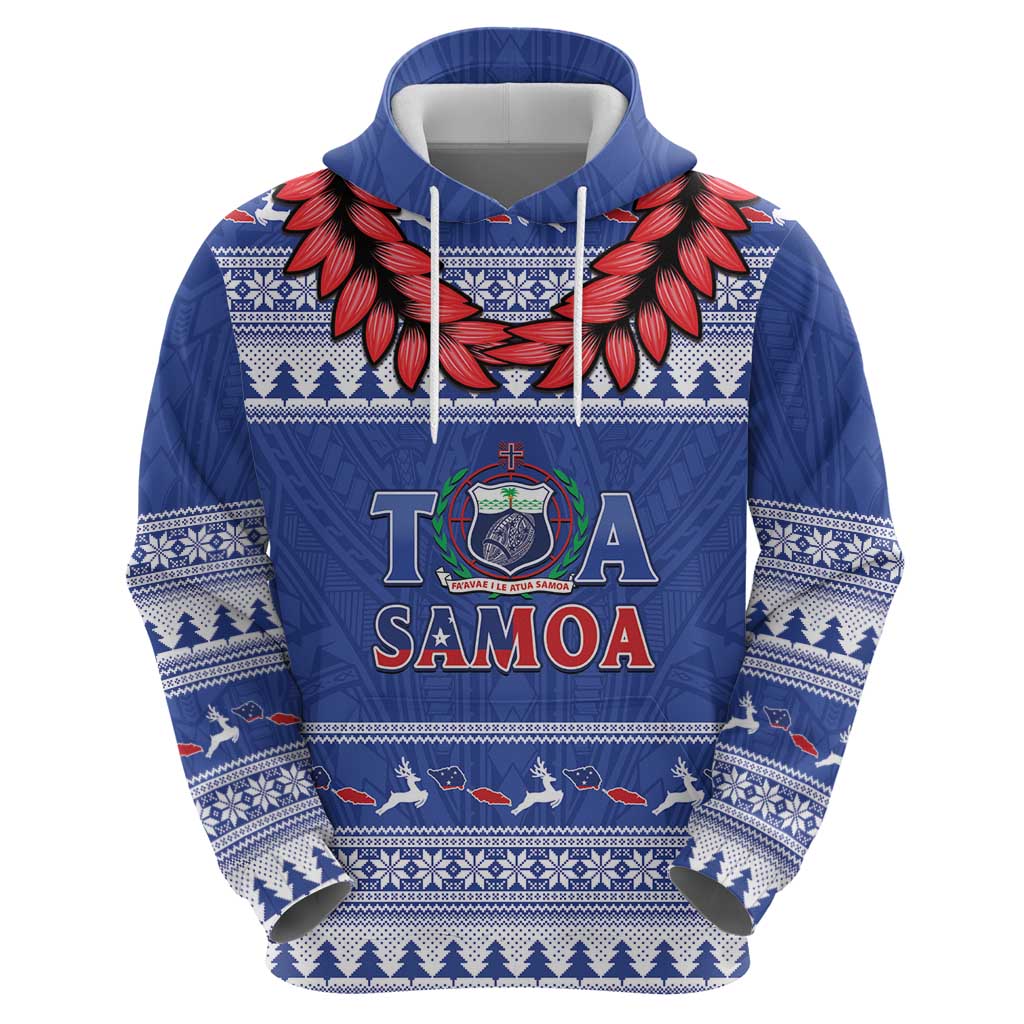 Personalised Toa Samoa Rugby Christmas Hoodie Ula Fala Samoan Pattern Blue - Polynesian Pride